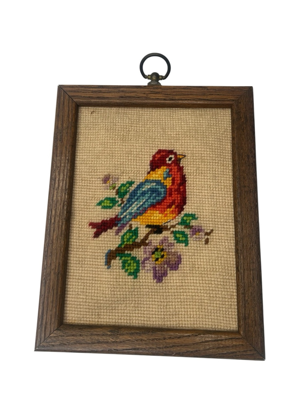 Vintage Handmade Cross-Stitch Bird Wall Art wooden frame 1970s 70s